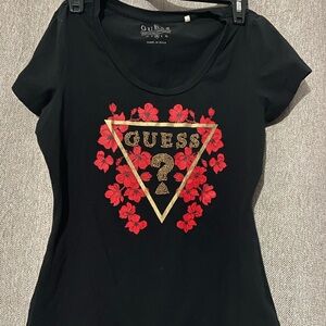 Guess Black Tee with Red and Gold Floral Accents